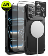 [Bundle] iPhone 18 Pro / Pro Max | Rugged Gear Magnetic + AR Protectors - Black rugged phone case with MagSafe compatibility, shown with a clear AR-coated screen protector and a camera lens protector sticker. The image features a black phone inside the case and a white charging cable attached to the MagSafe ring on the back.