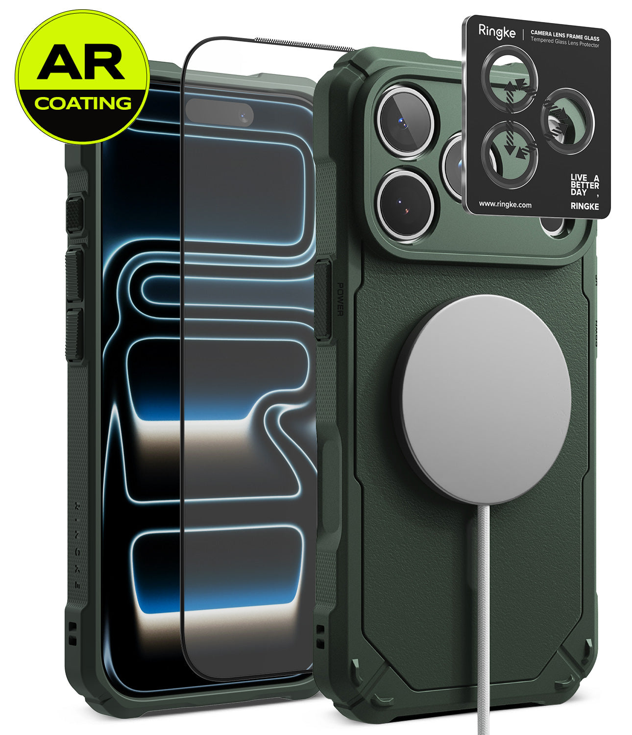 [Bundle] iPhone 18 Pro / Pro Max | Rugged Gear Magnetic + AR Protectors - A dark green rugged phone case shown with a MagSafe-compatible magnetic ring, alongside two clear AR-coated screen protectors and a Ringke camera lens protector sticker. The image is set against a clean white background with a green and yellow 'AR COATING' badge in the top-left corner.