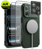 [Bundle] iPhone 18 Pro / Pro Max | Rugged Gear Magnetic + AR Protectors - A dark green rugged phone case shown with a MagSafe-compatible magnetic ring, alongside two clear AR-coated screen protectors and a Ringke camera lens protector sticker. The image is set against a clean white background with a green and yellow 'AR COATING' badge in the top-left corner.