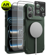 [Bundle] iPhone 18 Pro / Pro Max | Rugged Gear Magnetic + AR Protectors - A dark green rugged phone case shown with a MagSafe-compatible magnetic ring, alongside two clear AR-coated screen protectors and a Ringke camera lens protector sticker. The image is set against a clean white background with a green and yellow 'AR COATING' badge in the top-left corner.