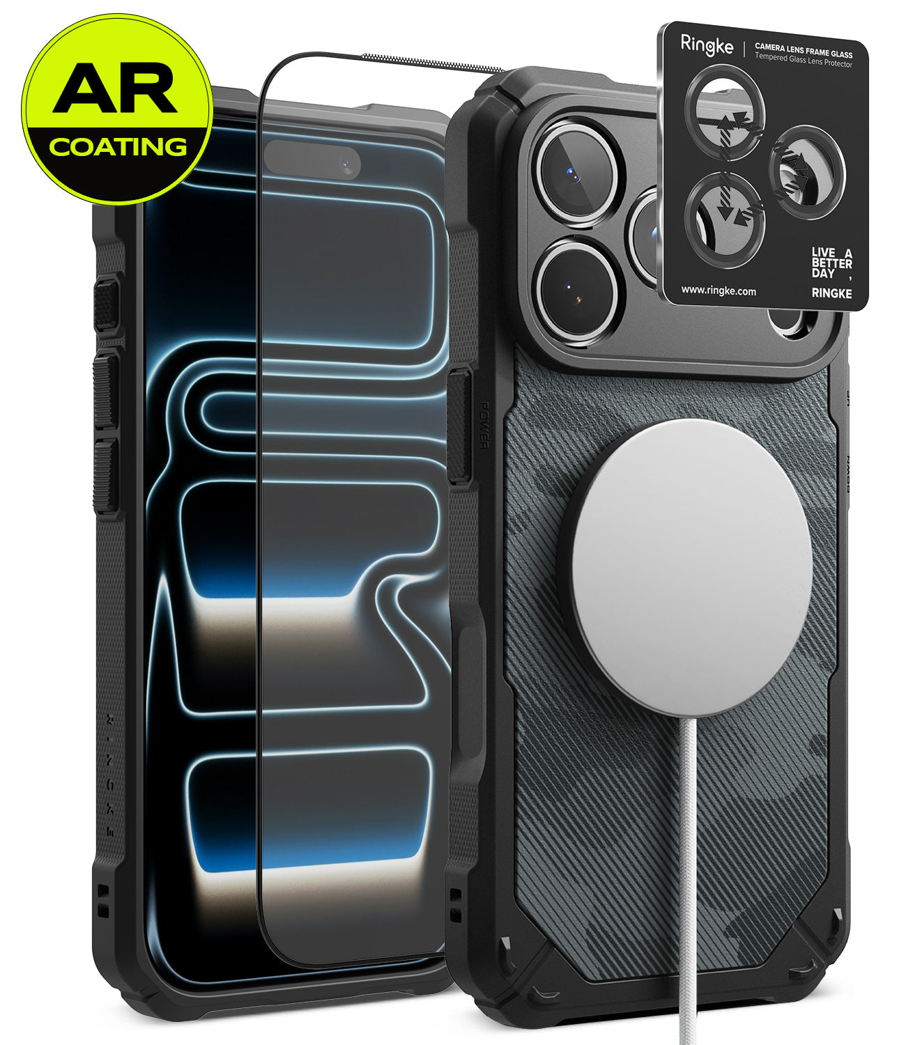 [Bundle] iPhone 18 Pro / Pro Max | Rugged Gear Magnetic + AR Protectors - A black rugged phone case with a carbon fiber-style textured back, shown alongside two clear AR-coated screen protectors and a MagSafe-compatible white ring. A Ringke brand card is visible on the camera area, and a yellow 'AR COATING' badge appears in the top-left corner.