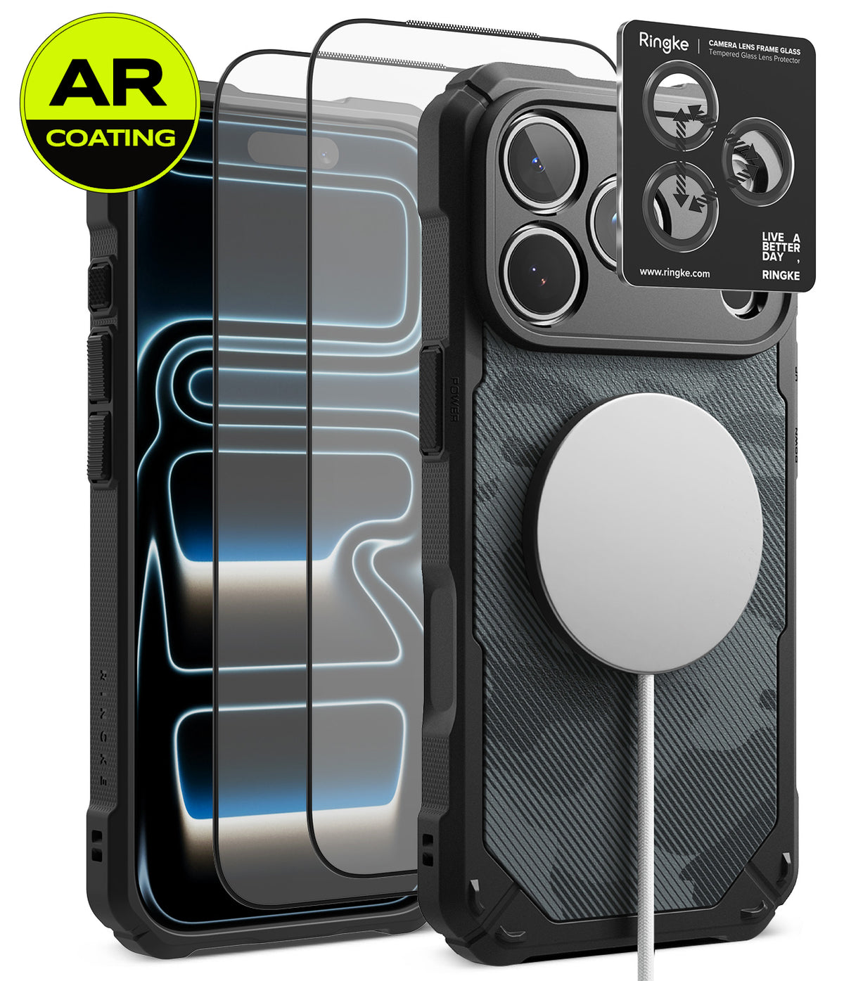 [Bundle] iPhone 18 Pro / Pro Max | Rugged Gear Magnetic + AR Protectors - A black rugged phone case with a carbon fiber-style textured back, shown alongside two clear AR-coated screen protectors and a MagSafe-compatible white ring. A Ringke brand card is visible on the camera area, and a yellow 'AR COATING' badge appears in the top-left corner.