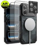 [Bundle] iPhone 18 Pro / Pro Max | Rugged Gear Magnetic + AR Protectors - A black rugged phone case with a carbon fiber-style textured back, shown alongside two clear AR-coated screen protectors and a MagSafe-compatible white ring. A Ringke brand card is visible on the camera area, and a yellow 'AR COATING' badge appears in the top-left corner.