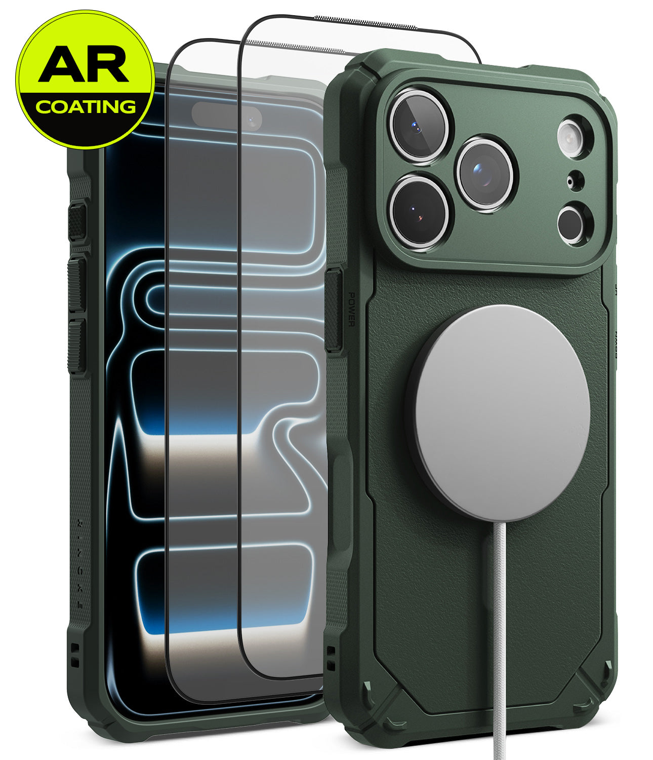 [Bundle] iPhone 18 Pro / Pro Max | Rugged Gear Magnetic + AR Protectors - Dark green rugged phone case with a built-in MagSafe ring, shown alongside a phone with a clear AR-coated screen protector and a white charging cable. A yellow 'AR COATING' badge is in the top-left corner.