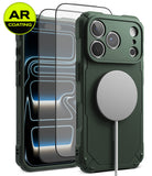[Bundle] iPhone 18 Pro / Pro Max | Rugged Gear Magnetic + AR Protectors - Dark green rugged phone case with a built-in MagSafe ring, shown alongside a phone with a clear AR-coated screen protector and a white charging cable. A yellow 'AR COATING' badge is in the top-left corner.
