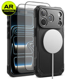 [Bundle] iPhone 18 Pro / Pro Max | Rugged Gear Magnetic + AR Protectors - Black rugged phone case with a clear AR-coated screen protector shown in front, plus a white MagSafe-compatible ring on the back. A yellow circular 'AR COATING' badge appears in the top-left corner.
