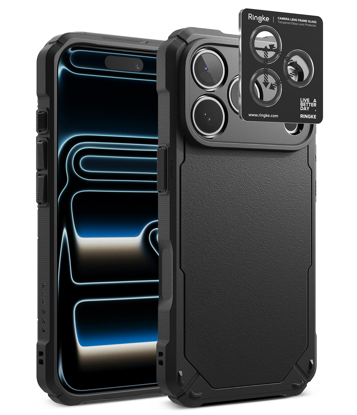 [Bundle] iPhone 18 Pro / Pro Max | Rugged Gear + Protectors - A black rugged phone case shown from the front and back, with a small Ringke camera lens protector sticker displayed above the rear camera cutout on a clean white background.