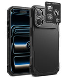 [Bundle] iPhone 18 Pro / Pro Max | Rugged Gear + Privacy Protectors - A black rugged phone case shown from the front and back, with a small Ringke camera lens protector sticker displayed above the rear camera cutout on a clean white background.