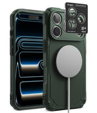 [Bundle] iPhone 18 Pro / Pro Max | Rugged Gear Magnetic + Protectors - A dark forest green rugged protective phone case shown from the back, with a MagSafe-compatible circular magnetic ring attachment and a black Ringke camera lens protector sticker displayed on top. The phone inside the case is shown with its screen on.