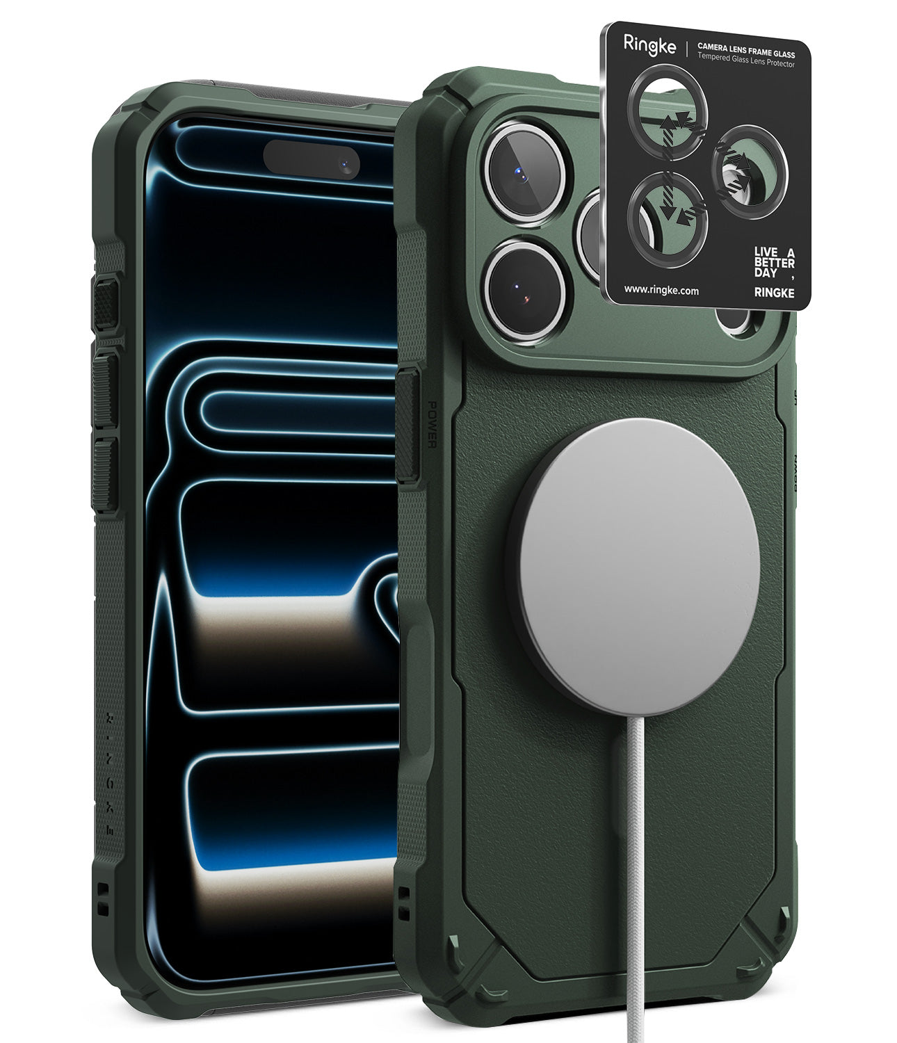 [Bundle] iPhone 18 Pro / Pro Max | Rugged Gear Magnetic + AR Protectors - A dark forest green rugged protective phone case shown from the back, with a MagSafe-compatible circular magnetic ring attachment and a black Ringke camera lens protector sticker displayed on top. The phone inside the case is shown with its screen on.