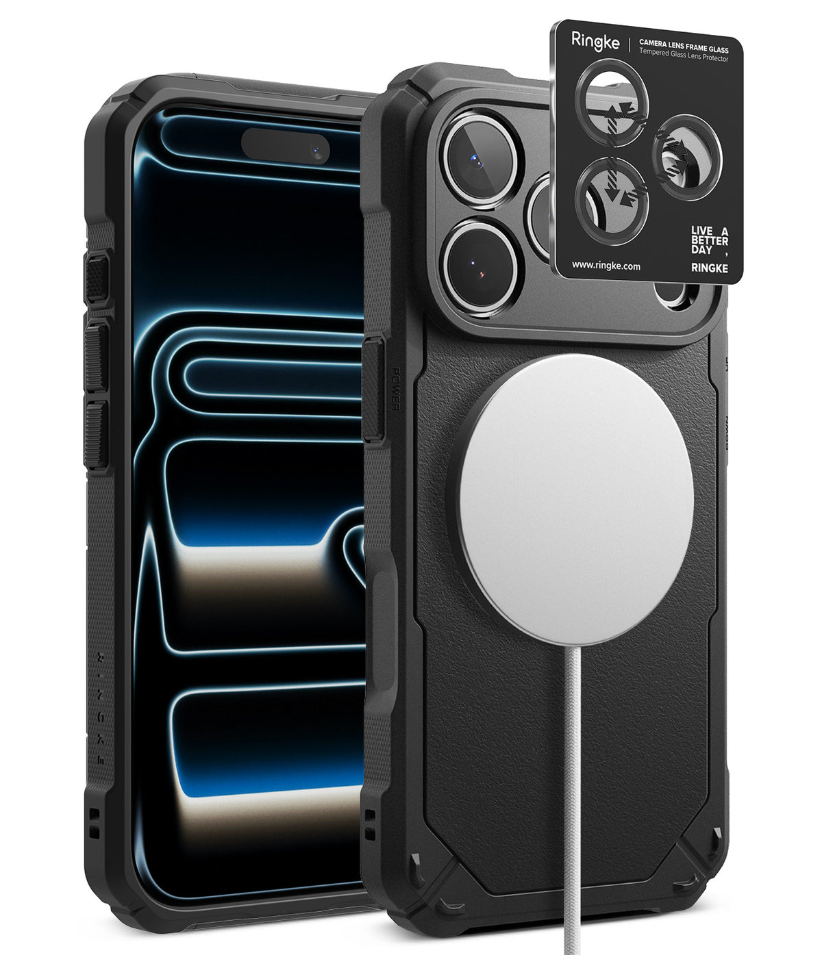 [Bundle] iPhone 18 Pro / Pro Max | Rugged Gear Magnetic + Protectors - A black rugged protective phone case shown from the front and back, with a white MagSafe-compatible circular ring on the back and a small black Ringke camera lens protector card displayed above the camera cutout.