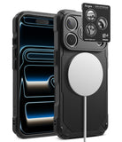 [Bundle] iPhone 18 Pro / Pro Max | Rugged Gear Magnetic + Protectors - A black rugged protective phone case shown from the front and back, with a white MagSafe-compatible circular ring on the back and a small black Ringke camera lens protector card displayed above the camera cutout.