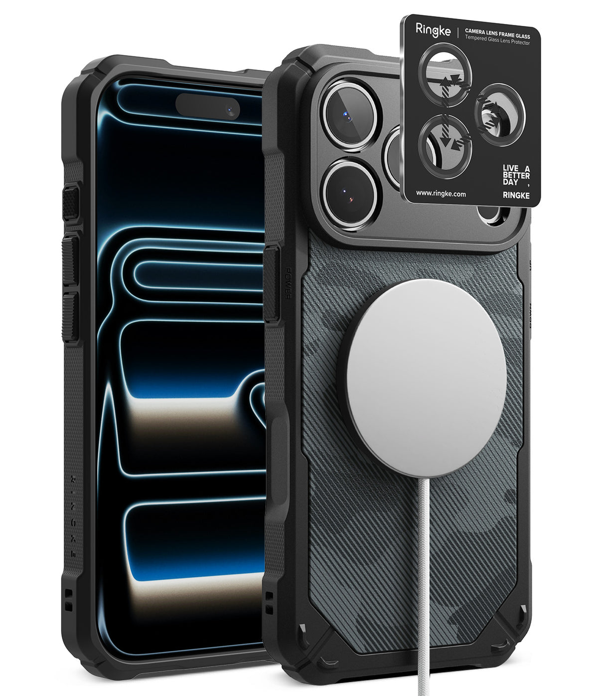 [Bundle] iPhone 18 Pro / Pro Max | Rugged Gear Magnetic + Protectors - A black rugged protective phone case with a carbon fiber pattern back, shown from the front and back. The back features a large silver MagSafe ring, and a black Ringke camera lens protector is shown overlapping the top-left corner of the case.