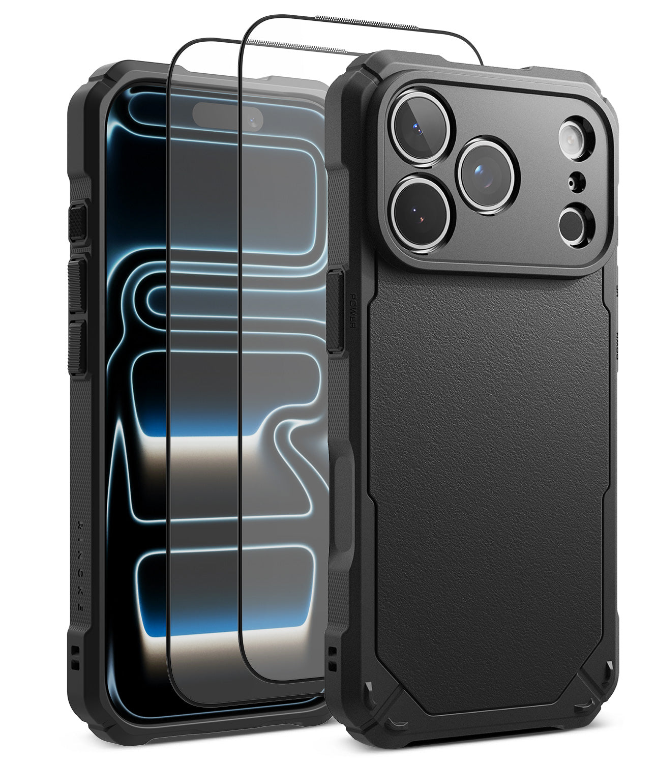 [Bundle] iPhone 18 Pro / Pro Max | Rugged Gear + Protectors - A rugged black protective phone case shown from the back, with a matching clear screen protector displayed in front of it on a white background.