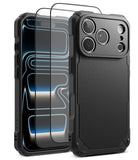 [Bundle] iPhone 18 Pro / Pro Max | Rugged Gear + Protectors - A rugged black protective phone case shown from the back, with a matching clear screen protector displayed in front of it on a white background.