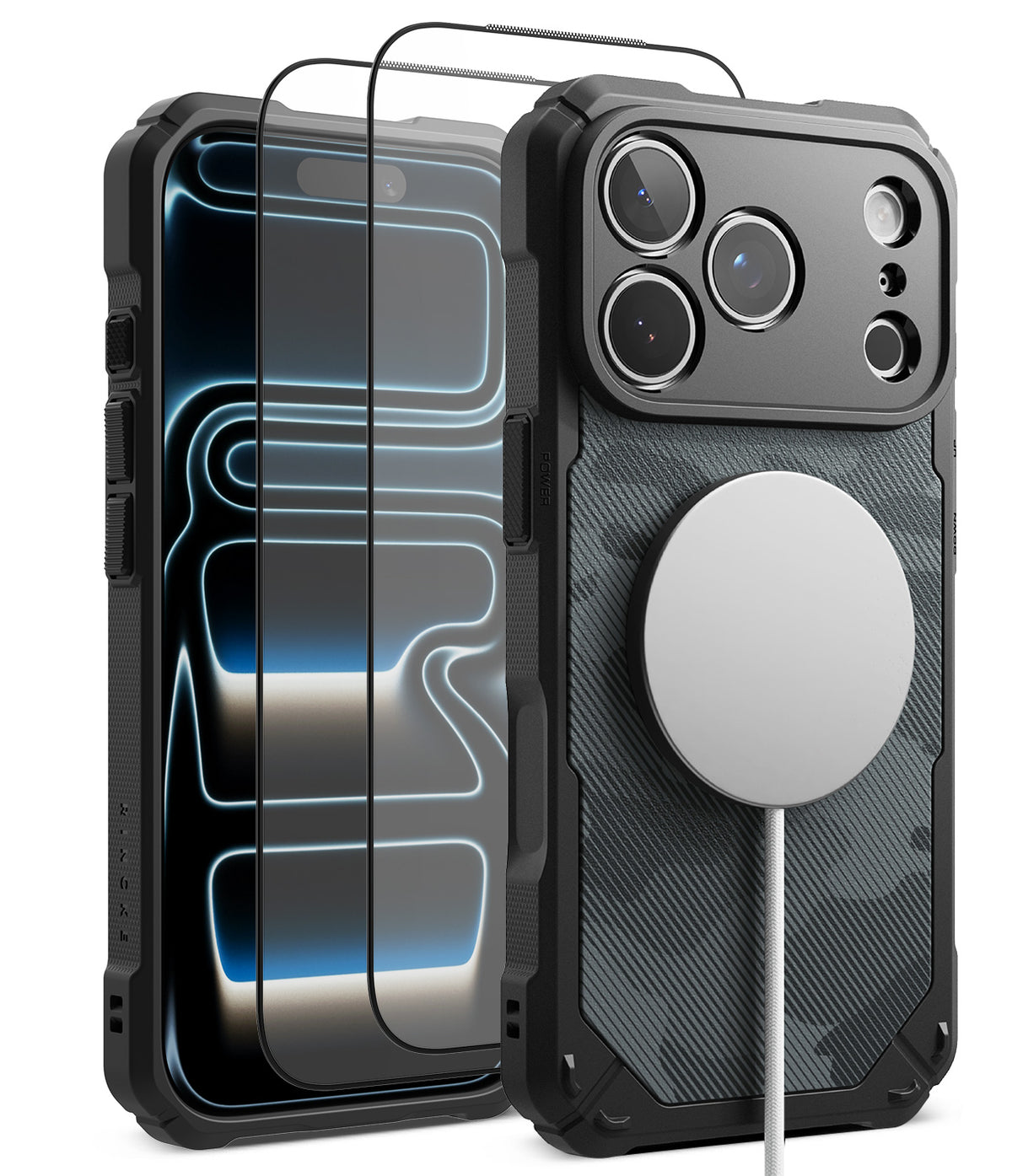 [Bundle] iPhone 18 Pro / Pro Max | Rugged Gear Magnetic + Protectors - Black rugged phone case with a textured carbon-fiber-style back panel, shown with a phone inserted and a MagSafe-compatible circular magnetic ring accessory attached. A transparent screen protector is displayed in front of the phone.
