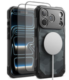 [Bundle] iPhone 18 Pro / Pro Max | Rugged Gear Magnetic + Protectors - Black rugged phone case with a textured carbon-fiber-style back panel, shown with a phone inserted and a MagSafe-compatible circular magnetic ring accessory attached. A transparent screen protector is displayed in front of the phone.