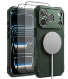 [Bundle] iPhone 18 Pro / Pro Max | Rugged Gear Magnetic + Protectors - Dark green rugged phone case with MagSafe compatibility, shown with a smartphone inside and a separate clear screen protector in front on a white background.