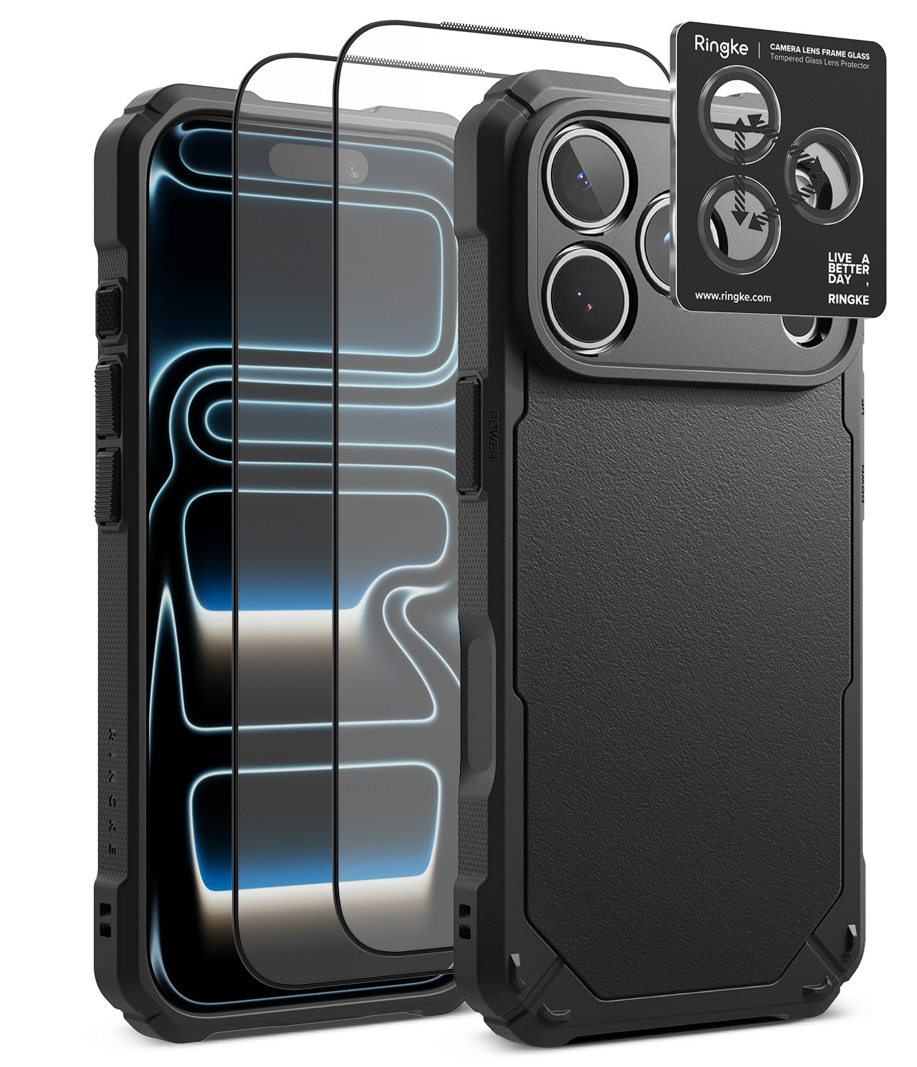 [Bundle] iPhone 18 Pro / Pro Max | Rugged Gear + Protectors - Black rugged phone case with a textured back and raised camera bezel, shown alongside two transparent screen protectors and a Ringke camera lens protector card on a white background.