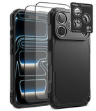 [Bundle] iPhone 18 Pro / Pro Max | Rugged Gear + Protectors - Black rugged phone case with a textured back and raised camera bezel, shown alongside two transparent screen protectors and a Ringke camera lens protector card on a white background.