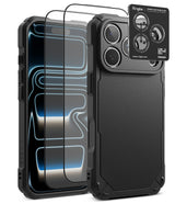 [Bundle] iPhone 18 Pro / Pro Max | Rugged Gear + Protectors - Black rugged phone case with a textured back and raised camera bezel, shown alongside two transparent screen protectors and a Ringke camera lens protector card on a white background.