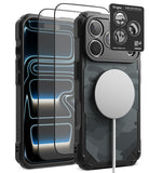[Bundle] iPhone 18 Pro / Pro Max | Rugged Gear Magnetic + Protectors - A black rugged phone case with a carbon fiber-style textured back panel, shown alongside two transparent screen protectors and a white MagSafe-compatible circular ring. The case features a raised camera bezel and a black brand card on the top right that reads Ringke, with additional text including Camera Glass and MagSafe.