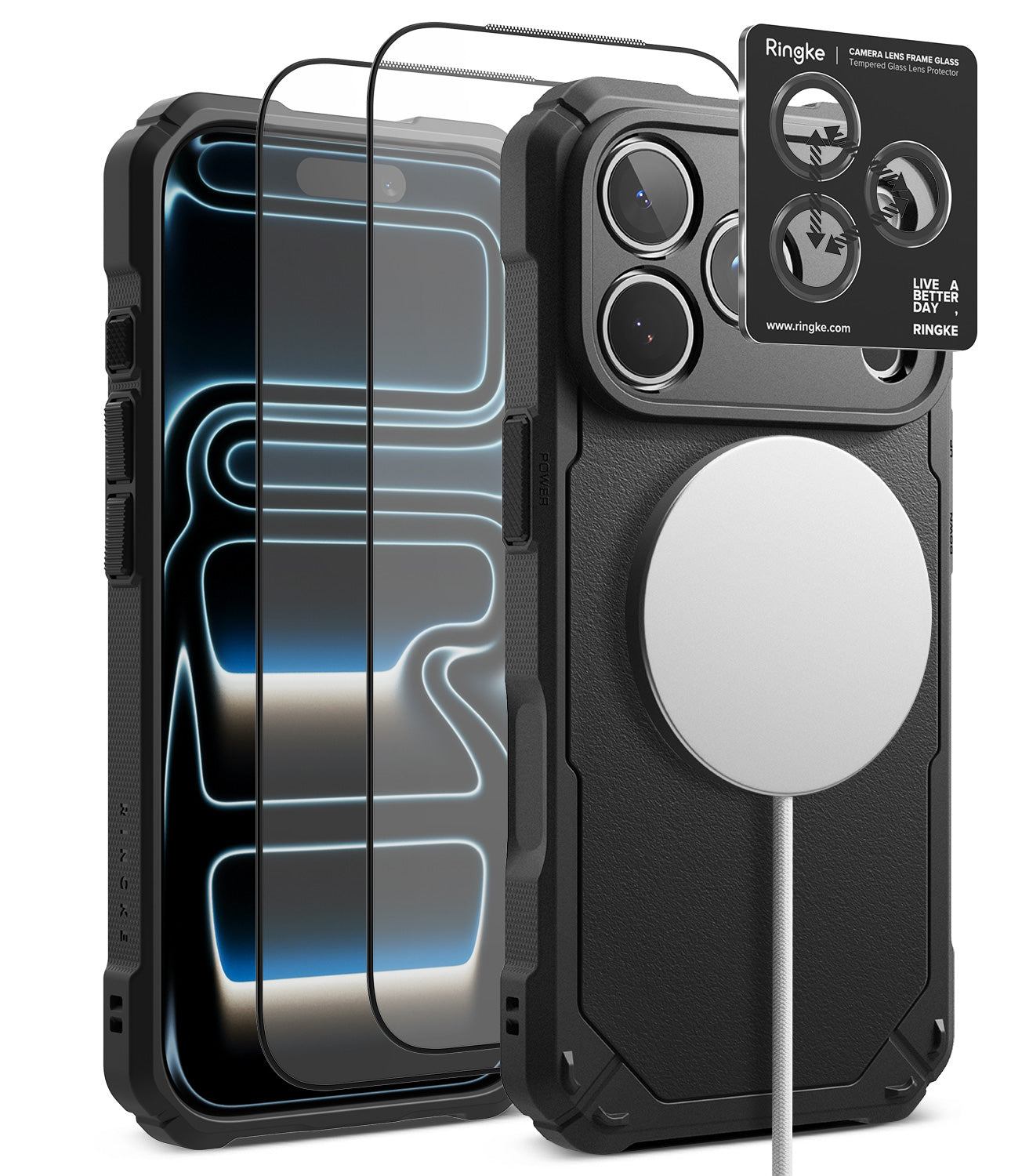 [Bundle] iPhone 18 Pro / Pro Max | Rugged Gear Magnetic + Protectors - Black rugged MagSafe-compatible phone case with a camera lens protector and two screen protectors, shown on a white background with a MagSafe ring attached.