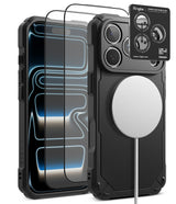 [Bundle] iPhone 18 Pro / Pro Max | Rugged Gear Magnetic + Protectors - Black rugged MagSafe-compatible phone case with a camera lens protector and two screen protectors, shown on a white background with a MagSafe ring attached.