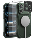[Bundle] iPhone 18 Pro / Pro Max | Rugged Gear Magnetic + Protectors - A dark green rugged phone case shown from the back and side, with a MagSafe-compatible circular magnetic ring attached. Two tempered glass screen protectors are floating in front, and a Ringke camera lens protector card is displayed at the top right.
