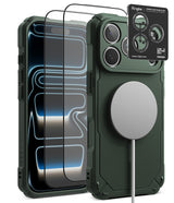 [Bundle] iPhone 18 Pro / Pro Max | Rugged Gear Magnetic + Protectors - A dark green rugged phone case shown from the back and side, with a MagSafe-compatible circular magnetic ring attached. Two tempered glass screen protectors are floating in front, and a Ringke camera lens protector card is displayed at the top right.