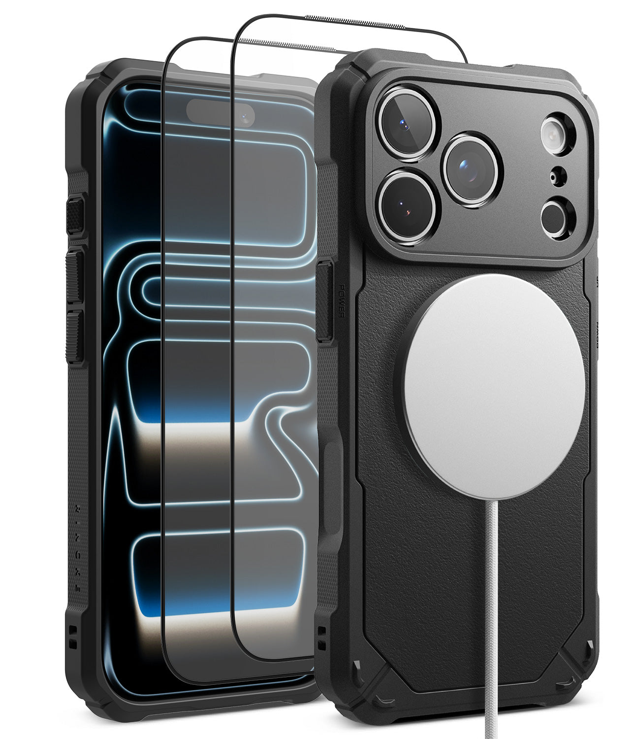 [Bundle] iPhone 18 Pro / Pro Max | Rugged Gear Magnetic + Protectors - Black rugged phone case with a built-in MagSafe ring on the back, shown alongside a matching clear screen protector and a white charging cable on a white background.