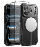 [Bundle] iPhone 18 Pro / Pro Max | Rugged Gear Magnetic + Protectors - Black rugged phone case with a built-in MagSafe ring on the back, shown alongside a matching clear screen protector and a white charging cable on a white background.