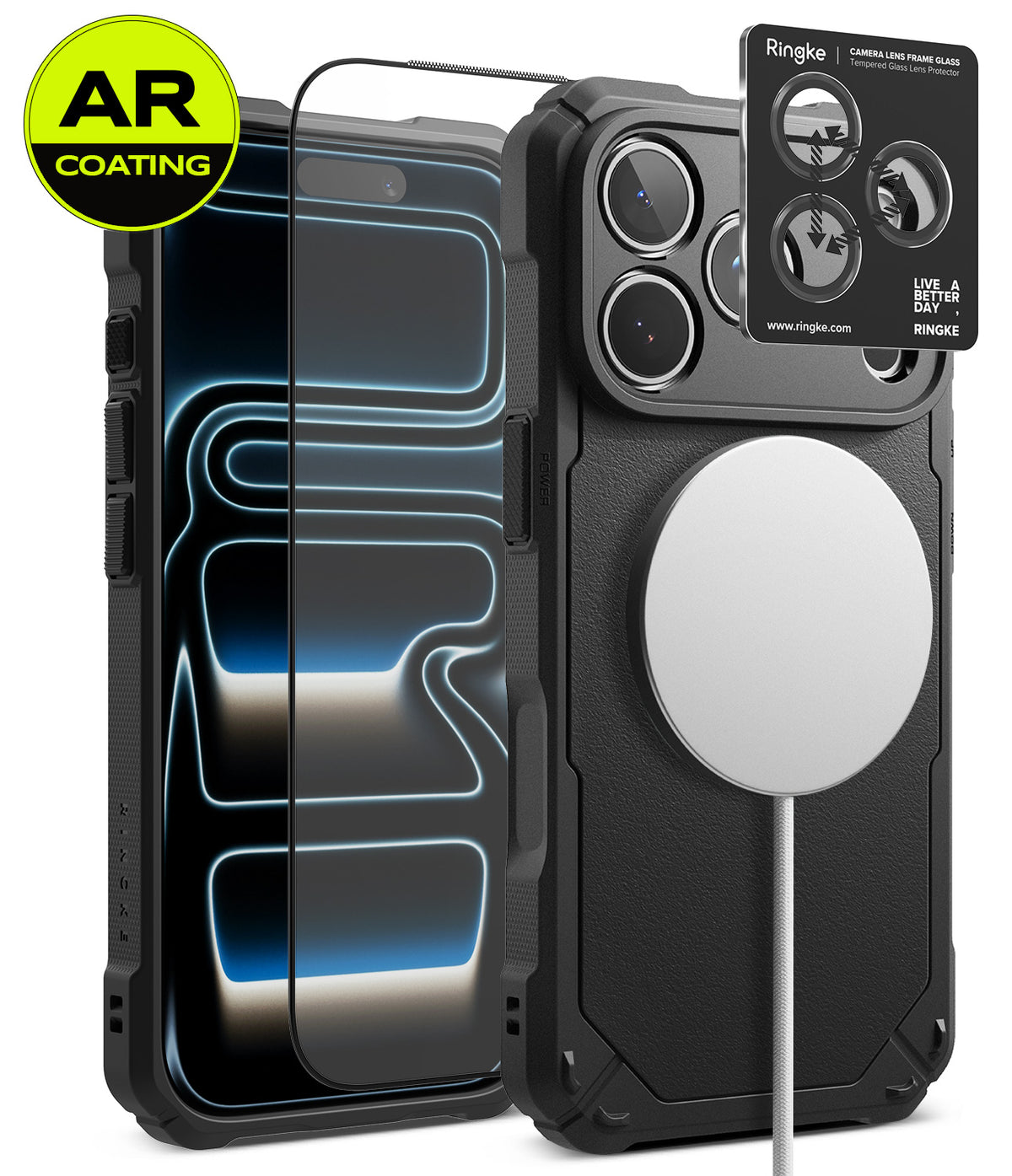 [Bundle] iPhone 18 Pro / Pro Max | Rugged Gear Magnetic + AR Protectors - Black rugged phone case with MagSafe compatibility, shown with a clear AR-coated screen protector and a camera lens protector sticker. The image features a black phone inside the case and a white charging cable attached to the MagSafe ring on the back.