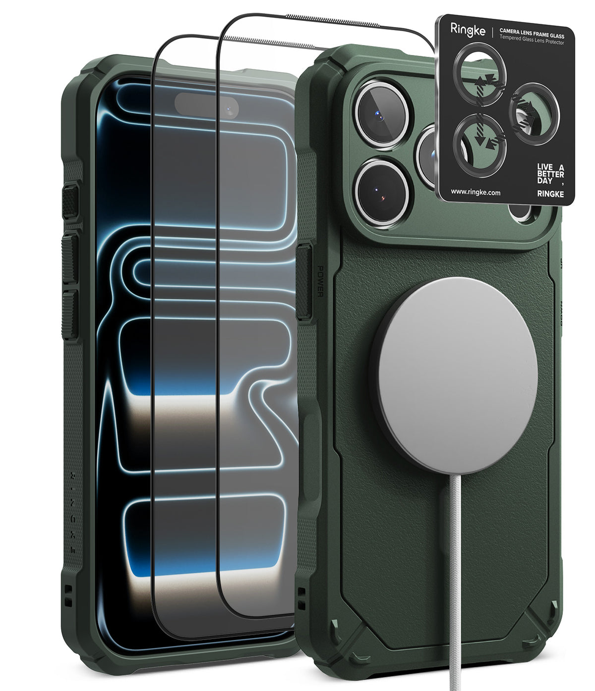 [Bundle] iPhone 18 Pro / Pro Max | Rugged Gear Magnetic + Protectors - A dark green rugged phone case shown from the back and side, with a MagSafe-compatible circular magnetic ring attached. Two tempered glass screen protectors are floating in front, and a Ringke camera lens protector card is displayed at the top right.
