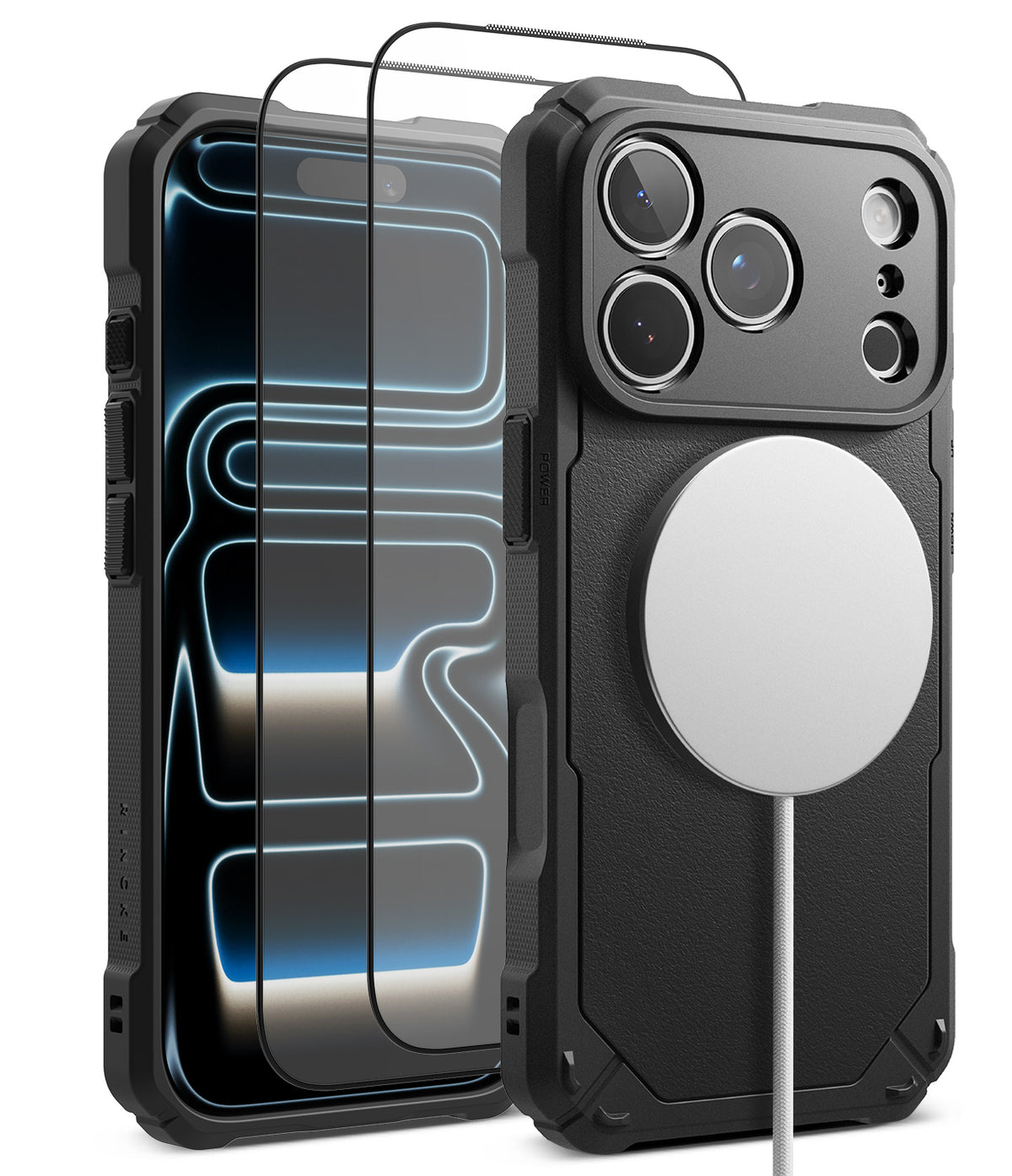 [Bundle] iPhone 18 Pro / Pro Max | Rugged Gear Magnetic + Protectors - Black rugged phone case with a built-in MagSafe ring on the back, shown alongside a matching clear screen protector and a white charging cable on a white background.