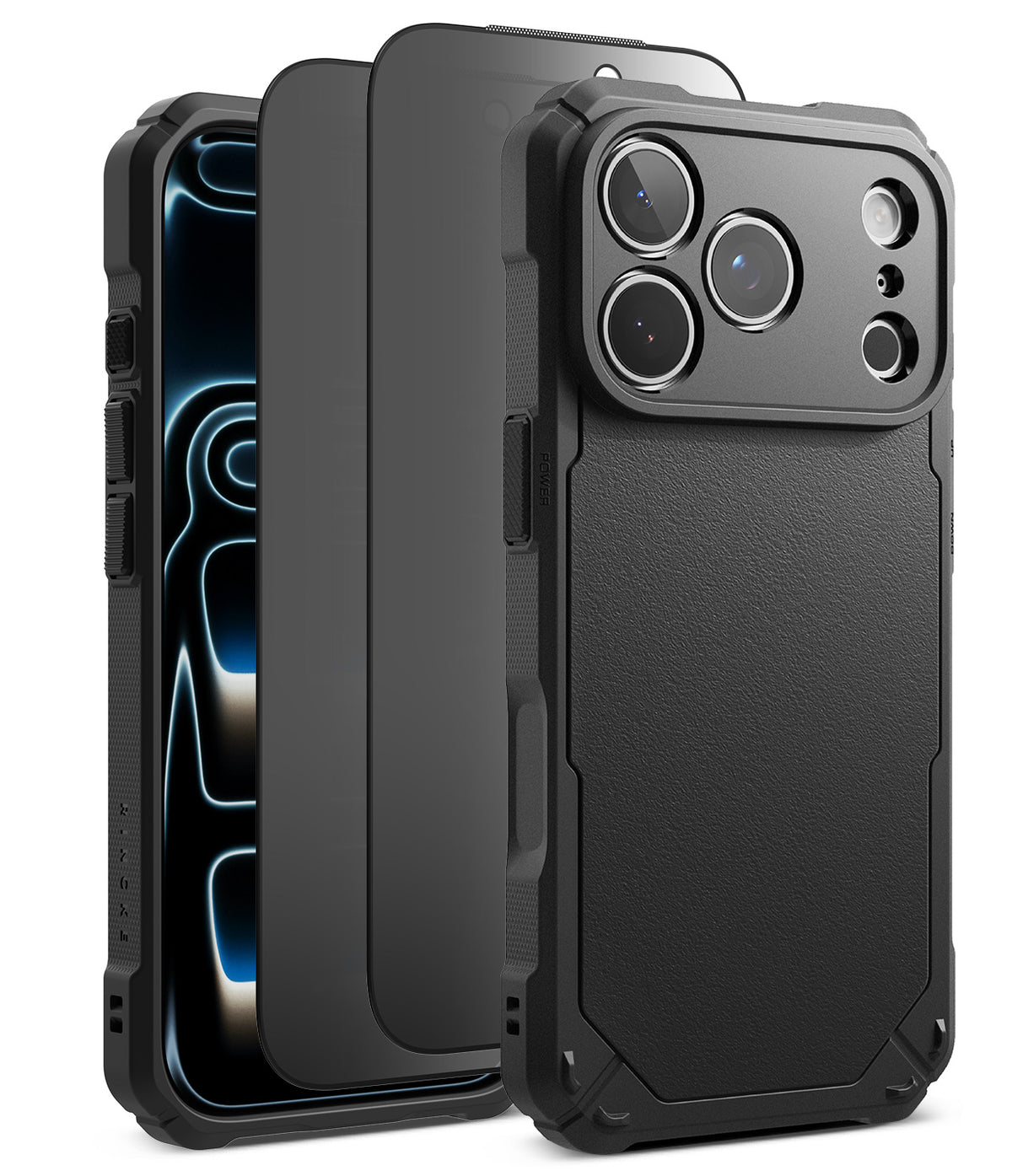 [Bundle] iPhone 18 Pro / Pro Max | Rugged Gear + Privacy Protectors - Three views of a rugged black protective phone case for an iPhone, showing the front camera cutout, side bumpers, and textured back panel on a white background.