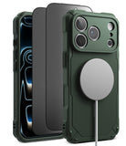 [Bundle] iPhone 18 Pro / Pro Max | Rugged Gear Magnetic + Privacy Protectors - A dark green rugged phone case with a built-in MagSafe ring, shown alongside a black phone and a separate black screen protector on a clean white background.