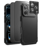 [Bundle] iPhone 18 Pro / Pro Max | Rugged Gear + Privacy Protectors - Three views of a black rugged phone case with a textured leather-look back panel and a camera lens protector overlay, shown on a white background.