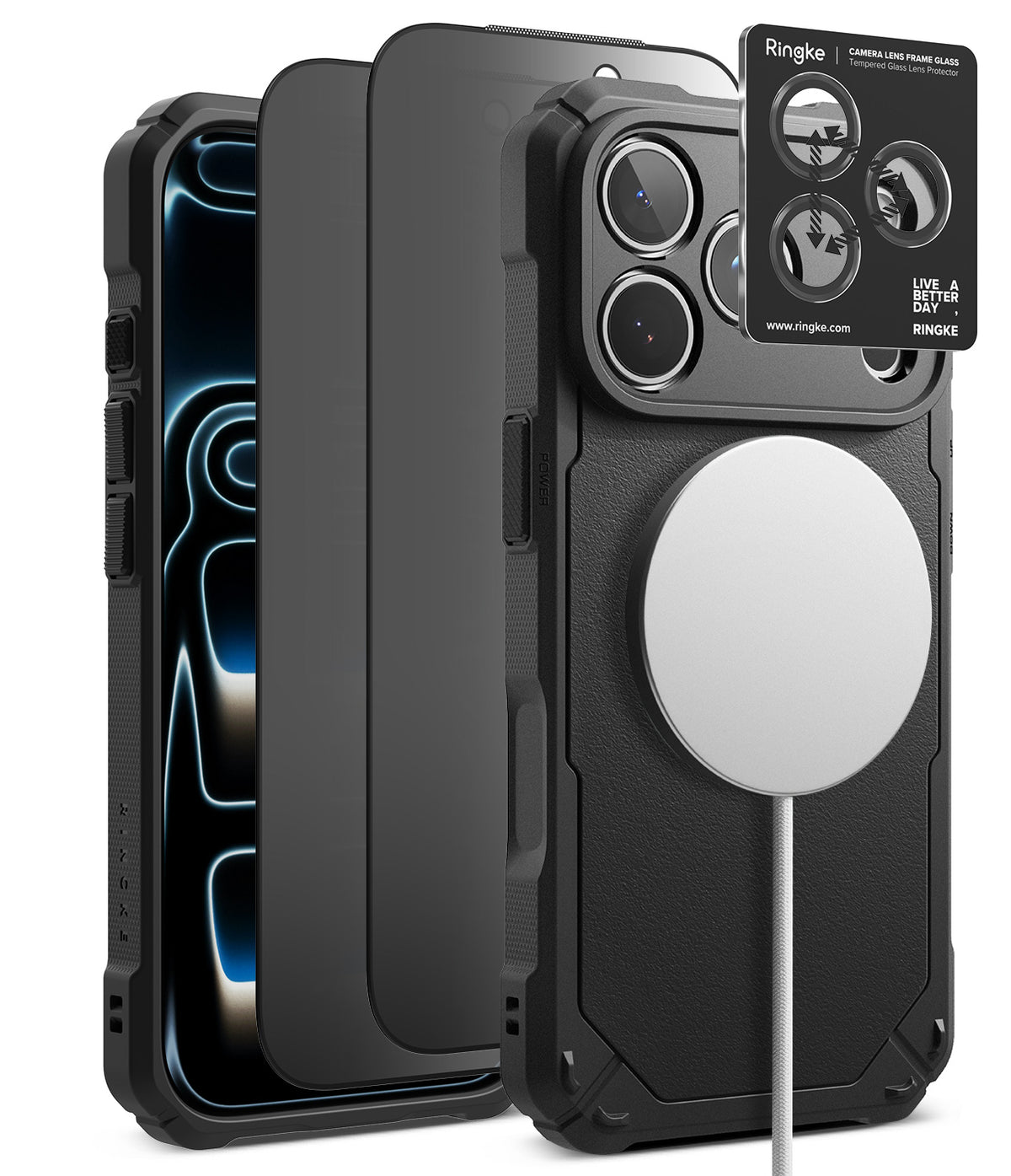 [Bundle] iPhone 18 Pro / Pro Max | Rugged Gear Magnetic + Privacy Protectors - Black rugged protective phone case with a built-in MagSafe-compatible magnetic ring and a camera lens protector overlay, shown alongside a phone and a Ringke brand card on a white background.