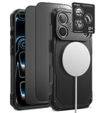 [Bundle] iPhone 18 Pro / Pro Max | Rugged Gear Magnetic + Privacy Protectors - Black rugged protective phone case with a built-in MagSafe-compatible magnetic ring and a camera lens protector overlay, shown alongside a phone and a Ringke brand card on a white background.