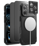 [Bundle] iPhone 18 Pro / Pro Max | Rugged Gear Magnetic + Privacy Protectors - Black rugged protective phone case with a built-in MagSafe-compatible magnetic ring and a camera lens protector overlay, shown alongside a phone and a Ringke brand card on a white background.