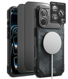 [Bundle] iPhone 18 Pro / Pro Max | Rugged Gear Magnetic + Privacy Protectors - A rugged black protective phone case with a carbon fiber pattern back, shown with a MagSafe-compatible white circular mount and a Ringke camera lens guard sticker. The case is displayed on a clean white background.