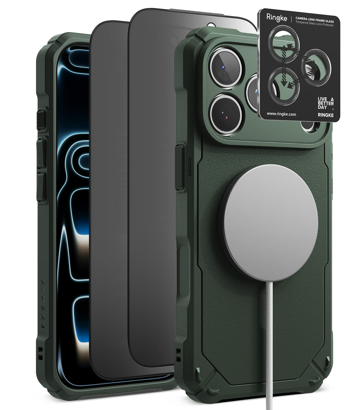 [Bundle] iPhone 18 Pro / Pro Max | Rugged Gear Magnetic + Privacy Protectors - A dark green rugged protective phone case shown with a black MagSafe-compatible ring on the back, alongside a black camera lens protector and a black Ringke brand card, on a clean white background.