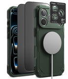 [Bundle] iPhone 18 Pro / Pro Max | Rugged Gear Magnetic + Privacy Protectors - A dark green rugged protective phone case shown with a black MagSafe-compatible ring on the back, alongside a black camera lens protector and a black Ringke brand card, on a clean white background.