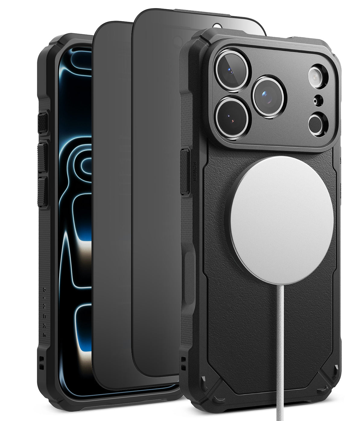 [Bundle] iPhone 18 Pro / Pro Max | Rugged Gear Magnetic + Privacy Protectors - A black rugged protective phone case shown from multiple angles, fitted on a smartphone. The back view includes a large circular MagSafe-compatible magnetic ring and a visible white charging cable.