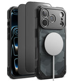 [Bundle] iPhone 18 Pro / Pro Max | Rugged Gear Magnetic + Privacy Protectors - A rugged black protective phone case with a textured carbon-fiber-style back panel, shown with a phone inserted and a large circular MagSafe ring attached. The case is displayed from multiple angles on a clean white background.