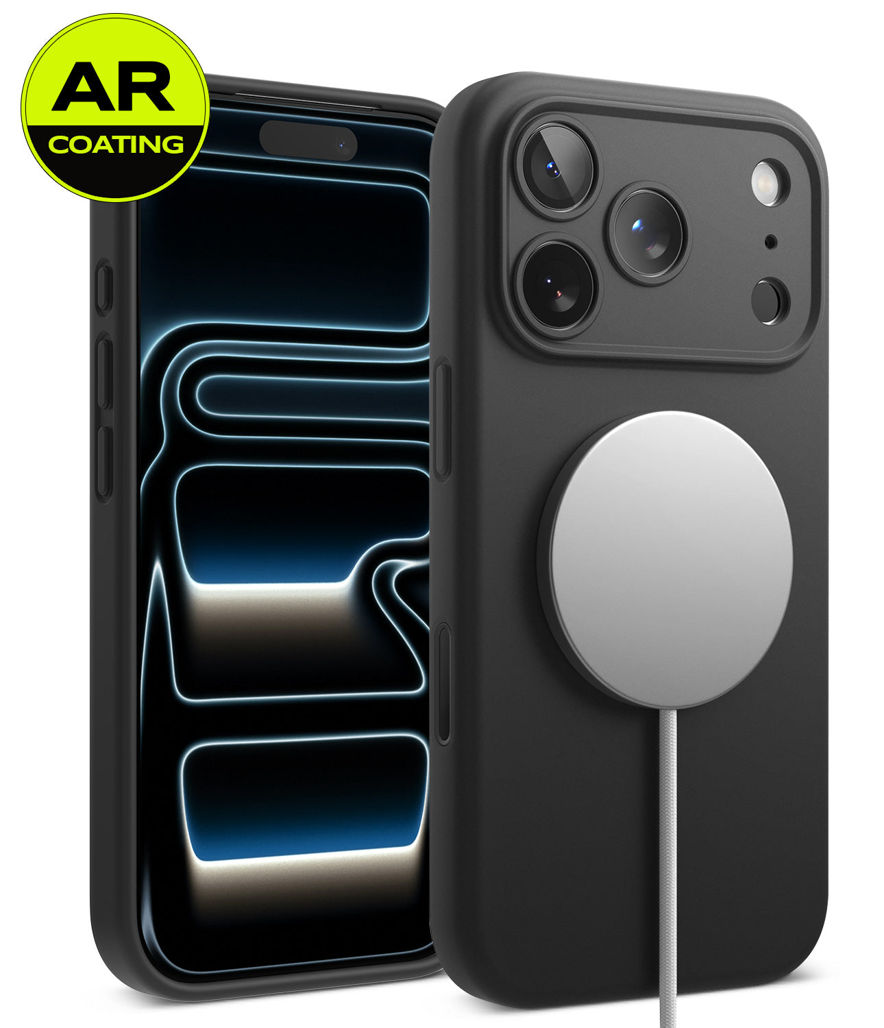 [Bundle] iPhone 18 Pro / Pro Max | Silicone Magnetic + AR Protectors - A black smartphone case shown from the back with a large silver MagSafe ring, alongside a second view showing a clear AR-coated screen protector over the phone. A yellow circular badge in the top-left reads 'AR COATING'.