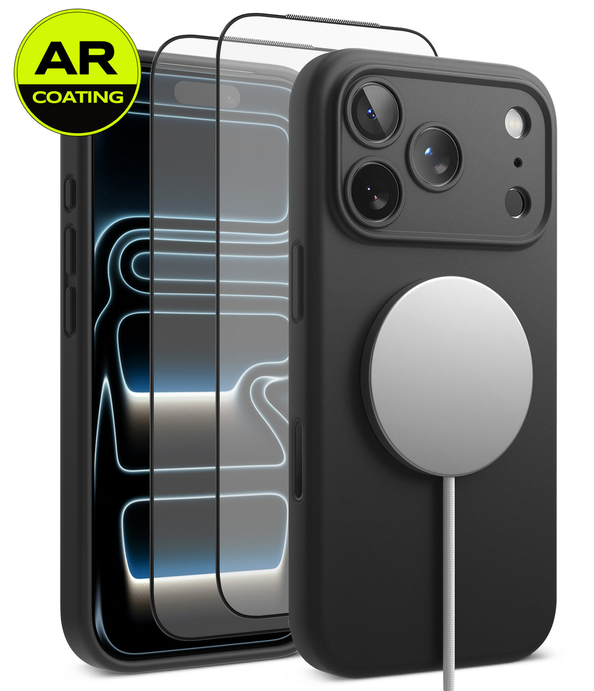 [Bundle] iPhone 18 Pro / Pro Max | Silicone Magnetic + AR Protectors - A black smartphone case shown from the back with a large silver MagSafe ring, alongside a second view showing a clear AR-coated screen protector over the phone. A yellow circular badge in the top-left reads 'AR COATING'.