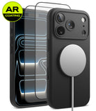 [Bundle] iPhone 18 Pro / Pro Max | Silicone Magnetic + AR Protectors - A black smartphone case shown from the back with a large silver MagSafe ring, alongside a second view showing a clear AR-coated screen protector over the phone. A yellow circular badge in the top-left reads 'AR COATING'.