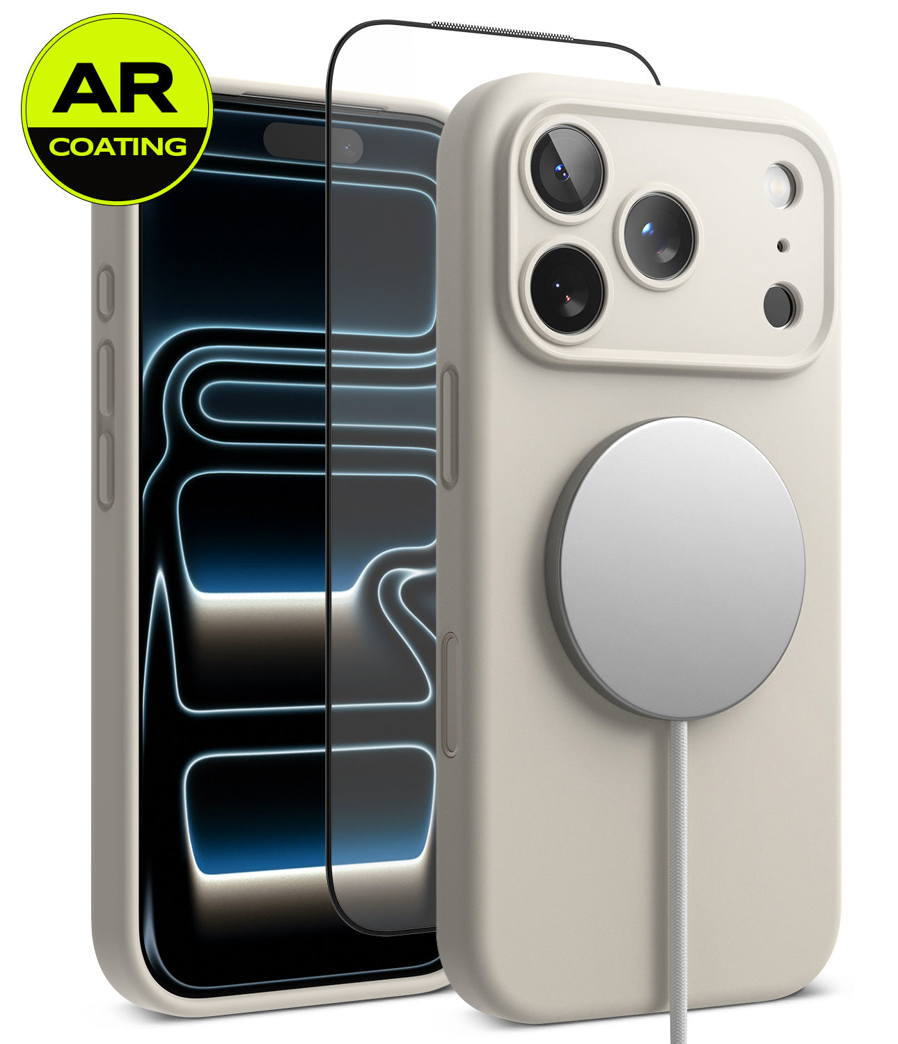 [Bundle] iPhone 18 Pro / Pro Max | Silicone Magnetic + AR Protectors - A light beige phone case shown on a smartphone, with a MagSafe-style circular magnetic ring attached. Two additional phone screen protectors are displayed behind the case, and a yellow circular badge in the top-left corner reads 'AR COATING'.